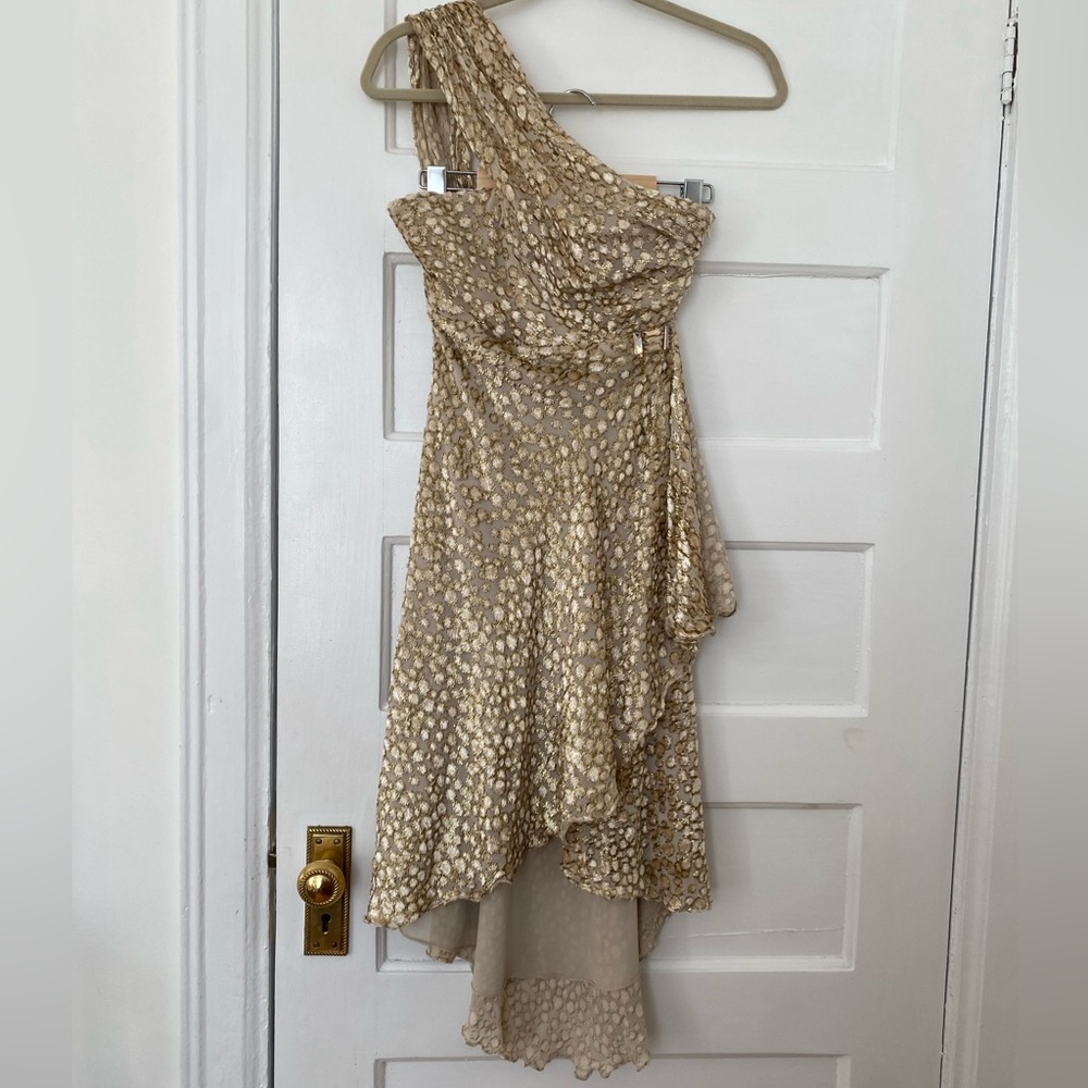 B2 Balizza one shoulder gold cocktail party dress